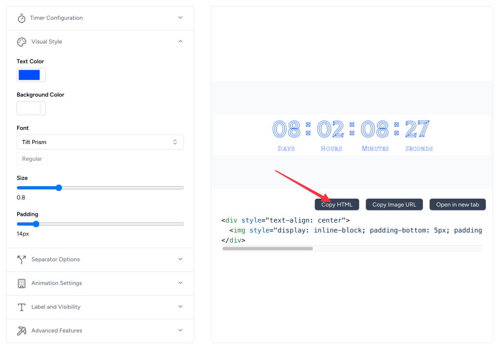 Countdown timer design customization panel showing color, font, and style options
