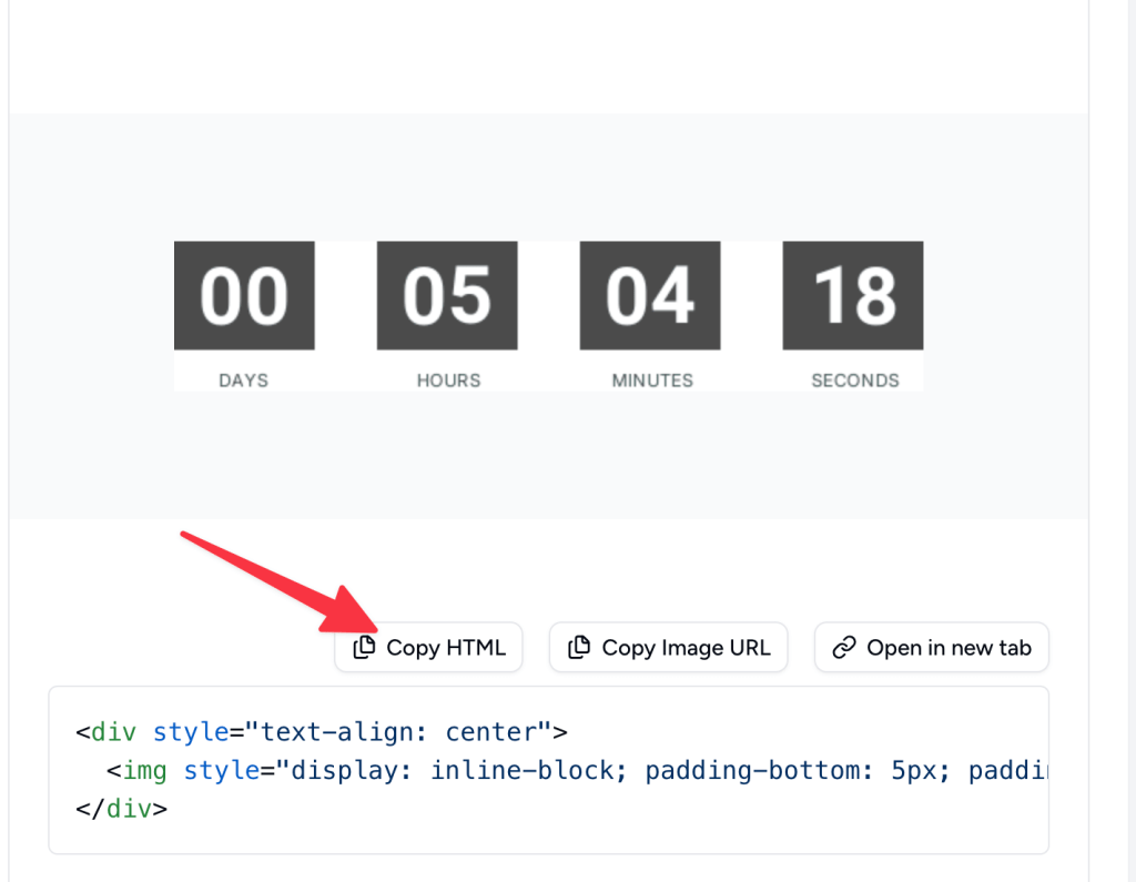 Generated email countdown timer code with image URL and HTML snippet ready to copy