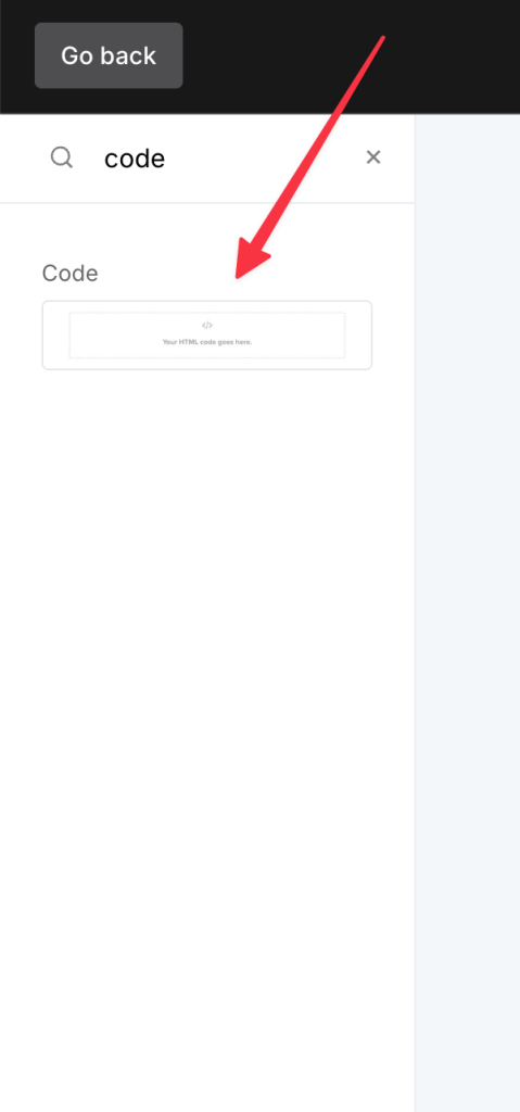 Screenshot of MailerLite email builder showing the Code block being used to embed a countdown timer HTML code