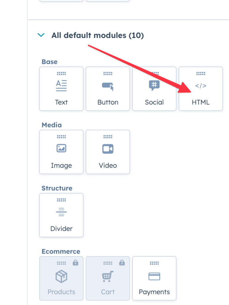 HubSpot email editor with HTML module for adding countdown timer