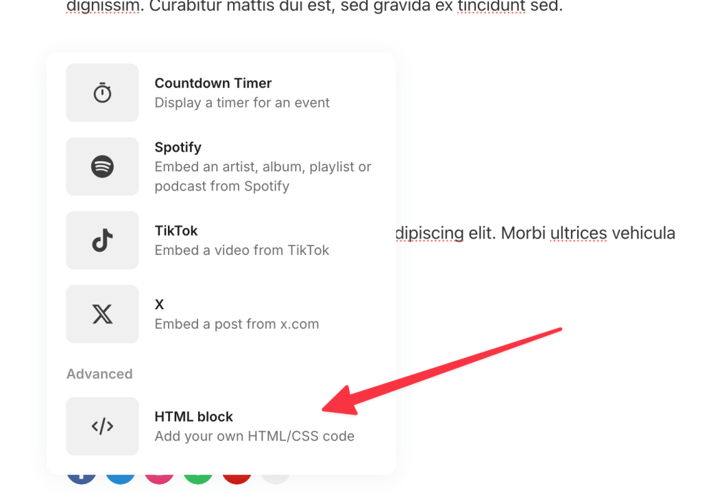 Kit email editor showing a Custom HTML block being dragged into an email template for embedding a countdown timer