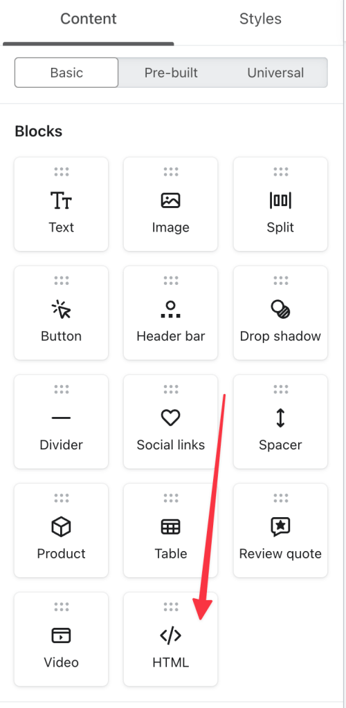 Adding HTML block in Klaviyo email marketing editor for countdown timer