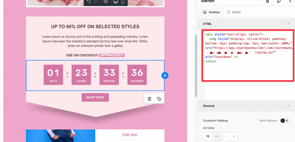 Pasting Countdown Builder HTML code into Keap broadcast email HTML block